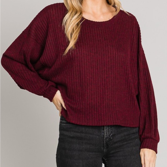 Wine Red Oversized Rib Knit Sweater Top – Cozy Soft Balloon Sleeve - Picture 1 of 9